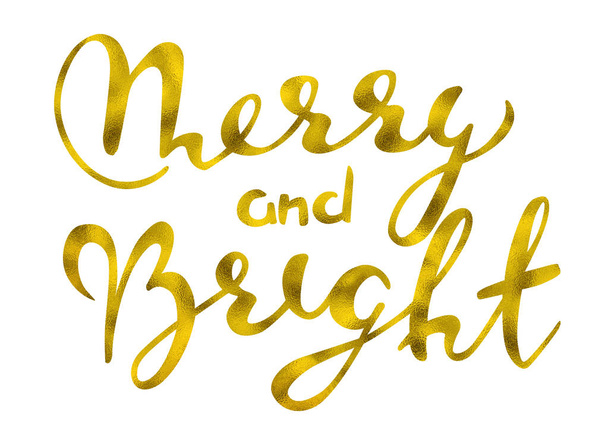 Merry and bright Gold glittering elegant modern brush lettering design on a wight background rastr illustration. Lettering for your designs: posters, invitations, cards, etc - Zdjęcie, obraz