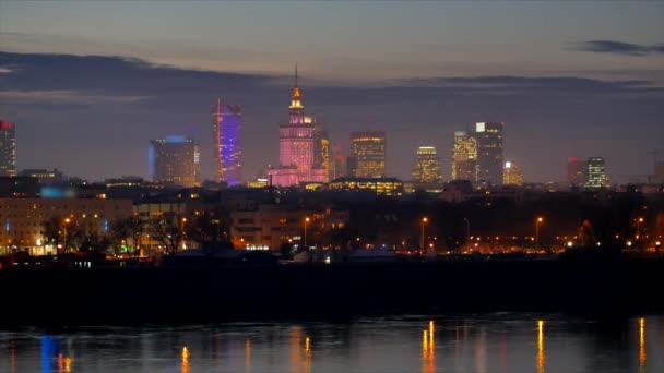 Warsaw / Poland - date: 11272017. Palace of culture and science. Evening panorama of the city. - Footage, Video
