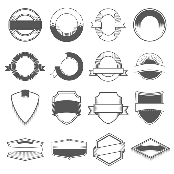 Set of sixteen badges, logos, borders, ribbons, emblem, stamp, and objects. Monochrome style - Vetor, Imagem