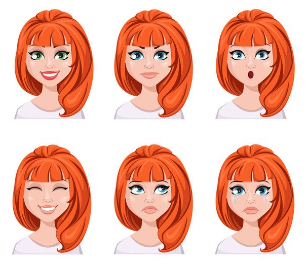 Bir kızıl saçlı kadının yüz ifadeleri. Farklı kadın duygular,  - Vektör, Görsel
