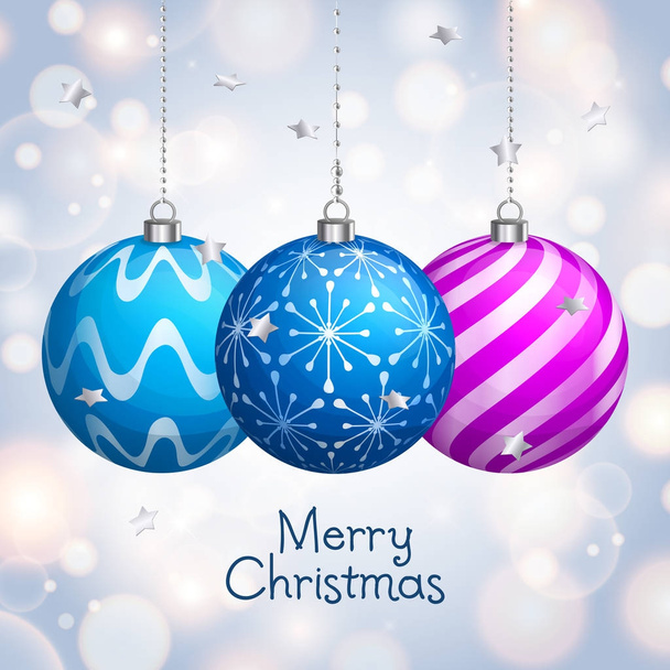 Christmas card. Xmas balls hanging on ribbons with pearls. Background with bokeh lights. Vector illustration. - Vector, Image