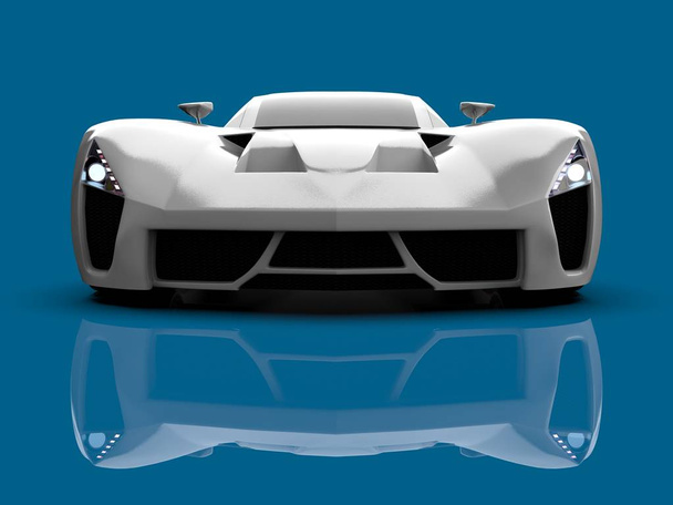 Blanco coche concepto de carreras. Imagen de un coche sobre un fondo azul brillante. renderizado 3d
. - Foto, imagen