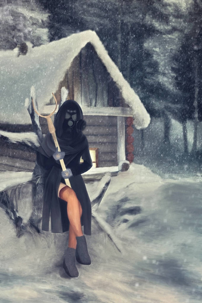 jemand in Gasmaske sitzt mit einer Zange in der Hand um die Hütte herum - Illustration - Foto, Bild