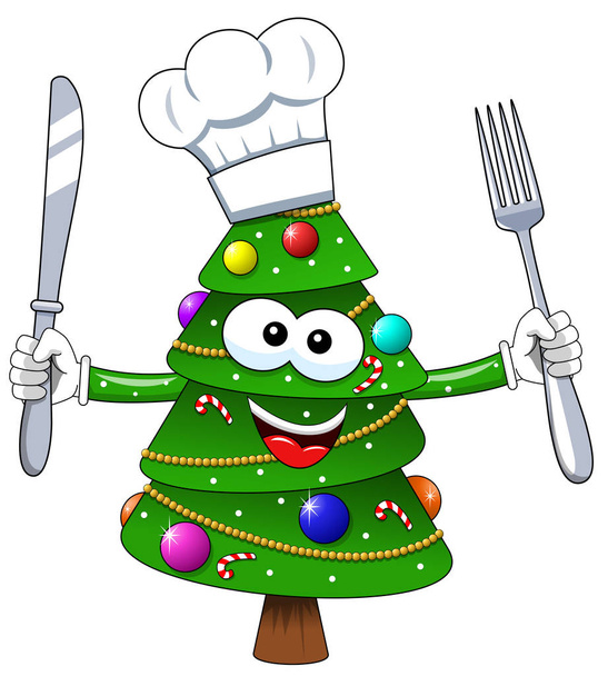 Χριστούγεννα χριστουγεννιάτικο δέντρο μασκότ μάγειρας χαρακτήρα πιρούνι και μαχαίρι απομονώσει - Διάνυσμα, εικόνα