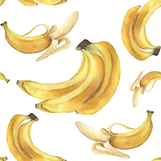 Aquarell Bananenmuster. handbemalte tropische Früchte isoliert auf weißem Hintergrund. Lebensmittelbotanische Illustration für Design oder Druck. - Foto, Bild