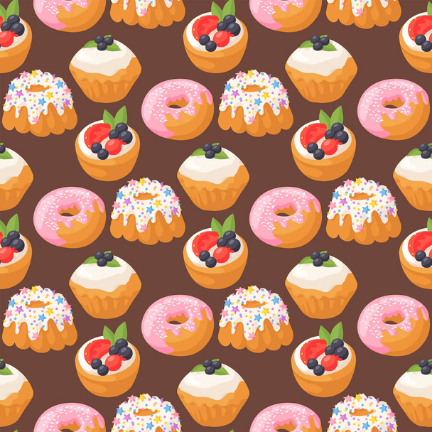 печиво торти смачні закуски смачні шоколадні домашні випічки печиво солодкий десерт хлібобулочні вироби безшовні візерунки фон Векторні ілюстрації
 - Вектор, зображення