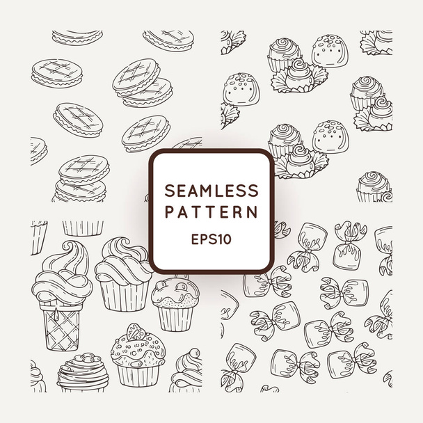 Set of Vector Candy, Bows and Muffins Seamless Patterns. Sweet Party Texture. - Vector, Image