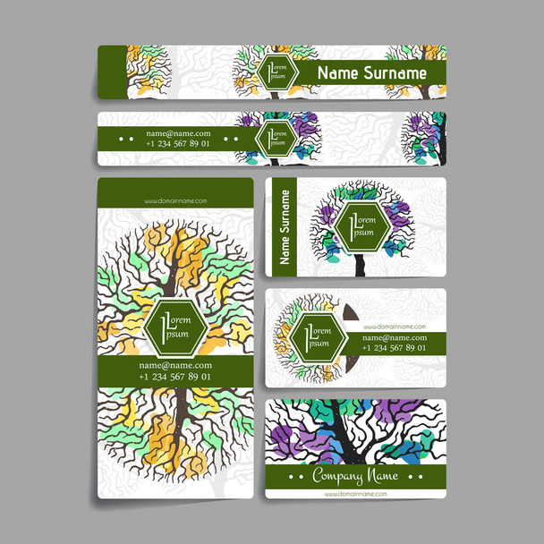Set of vector design templates. Business card with tree in hand draw style. Hipster style. - Vector, Image