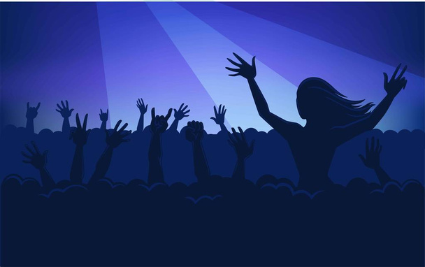 Человеческие силуэты в огромной толпе с поднятыми руками, которые держат современные устройства в красочных неоновых прожекторах на концертной карикатурной плоской векторной иллюстрации. Люди получают удовольствие от исполнения музыки
. - Вектор,изображение