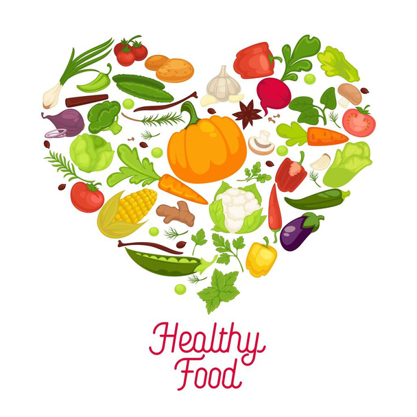 Eat healthy commercial poster with tasty vegetables inside big heart. Banner to encourage people to have proper organic nutrition. Products grown at farm without pesticides - Vector, Imagen
