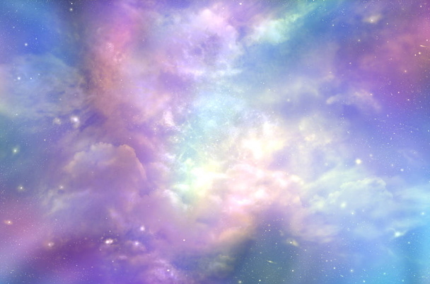 Ce doit être ce à quoi ressemblent les cieux d'en haut - Paysage céleste cosmique multicolore et éthéré avec des nuages duveteux, des étoiles, des planètes, des nébuleuses et une lumière vive représentant le ciel
 - Photo, image