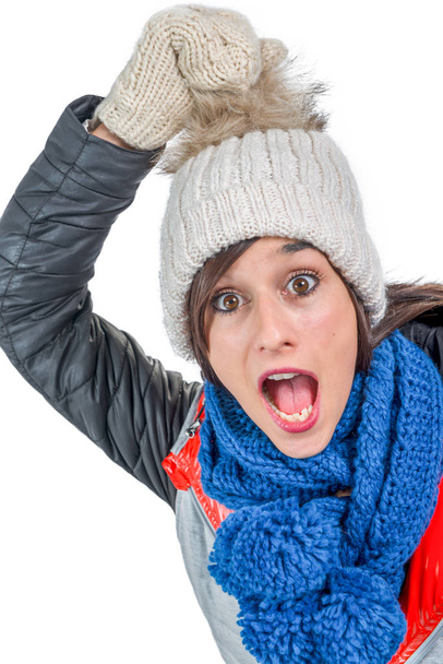 happy young woman with winter cap, white background - Photo, Image