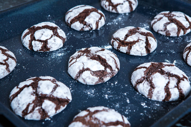 Chocolate cookies. chocolate cookies with ingredients around. Baking cake in rural kitchen - dough recipe ingredients. - Photo, Image