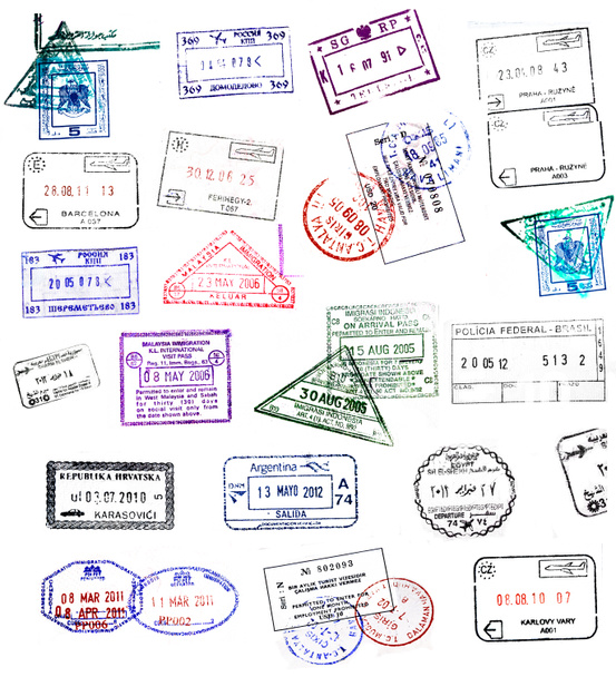 Reisehintergrund mit unterschiedlichen Passstempeln - Foto, Bild
