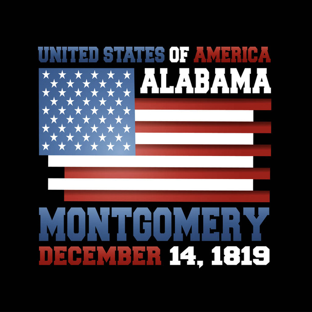 US-Flagge mit Aufschrift Vereinigte Staaten von Amerika, Alabama, Montgomery, 14. Dezember 1819 auf schwarzem Hintergrund.  - Vektor, Bild