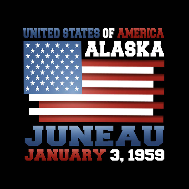 US-Flagge mit Aufschrift Vereinigte Staaten von Amerika, Alaska, Juni, 3. Januar 1959 auf schwarzem Hintergrund.  - Vektor, Bild