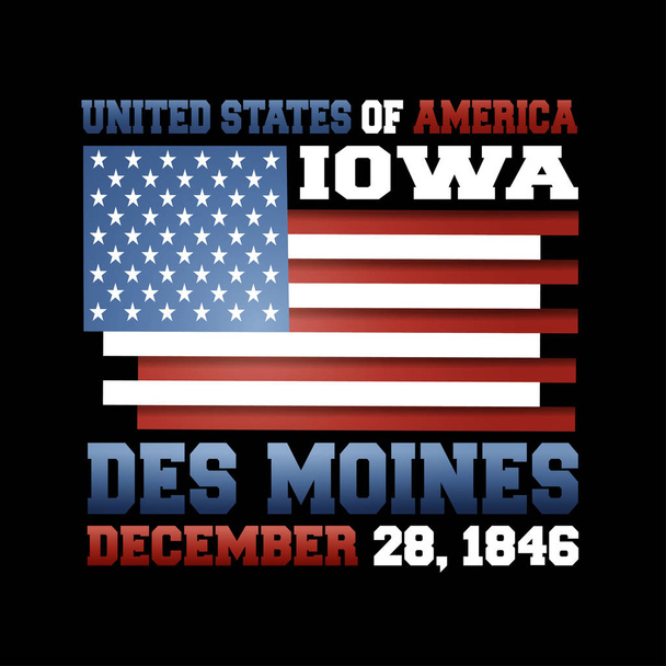 Drapeau américain avec inscription États-Unis d'Amérique, Iowa, Des Moines, 28 décembre 1846 sur fond noir
.  - Vecteur, image