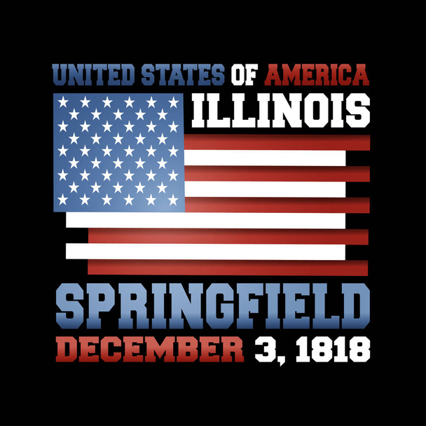 Bandera de Estados Unidos con inscripción Estados Unidos de América, Illinois, Springfield, 3 de diciembre, 1818 sobre fondo negro
.  - Vector, Imagen