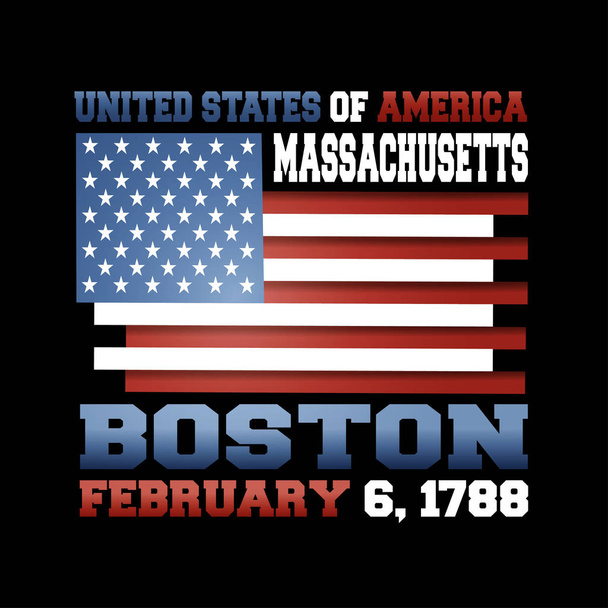 US-Flagge mit Inschrift Vereinigte Staaten von Amerika, massachusetts, Boston, 6. Februar 1788 auf schwarzem Hintergrund.  - Vektor, Bild