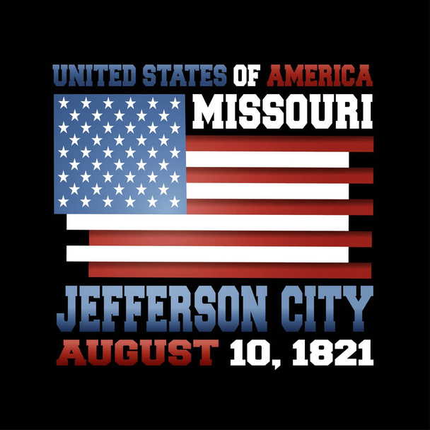 US-Flagge mit Aufschrift Vereinigte Staaten von Amerika, Missouri, jefferson city, 10. August 1821 auf schwarzem Hintergrund.  - Vektor, Bild