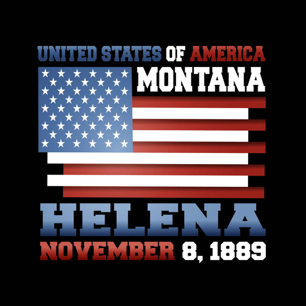 US-Flagge mit Aufschrift Vereinigte Staaten von Amerika, montana, helena, 8. November 1889 auf schwarzem Hintergrund.  - Vektor, Bild