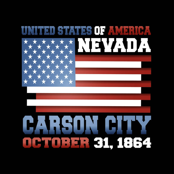 US-Flagge mit Aufschrift Vereinigte Staaten von Amerika, Nevada, Carson City, 31. Oktober 1864 auf schwarzem Hintergrund.  - Vektor, Bild
