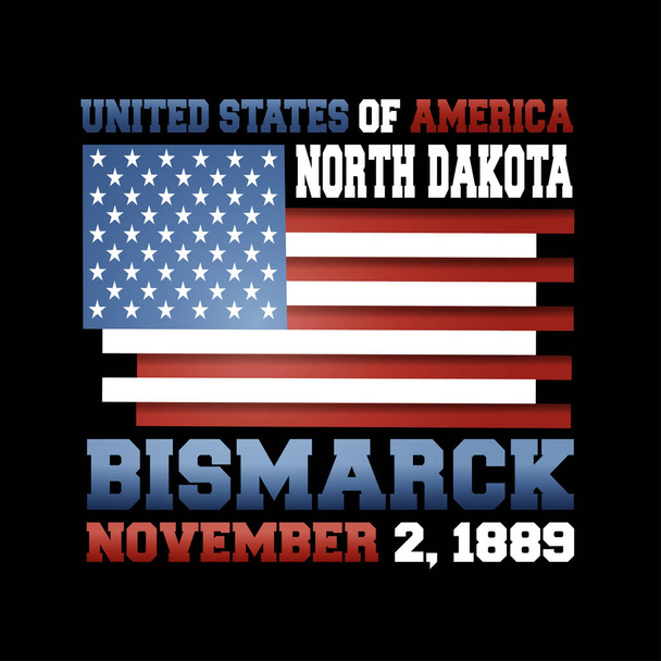 US-Flagge mit Aufschrift Vereinigte Staaten von Amerika, North Dakota, Bismarck, 2. November 1889 auf schwarzem Hintergrund.  - Vektor, Bild