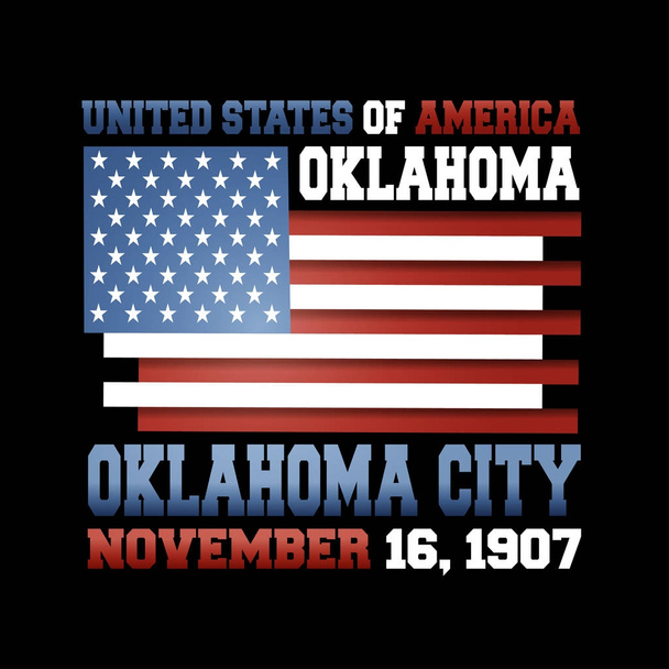 Bandera de Estados Unidos con inscripción United States of America, Oklahoma, Oklahoma City, 16 de noviembre de 1907 sobre fondo negro
.  - Vector, Imagen