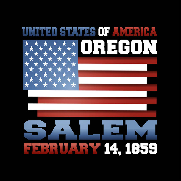 Drapeau américain avec inscription États-Unis d'Amérique, Oregon, Salem, 14 février 1859 sur fond noir
.  - Vecteur, image