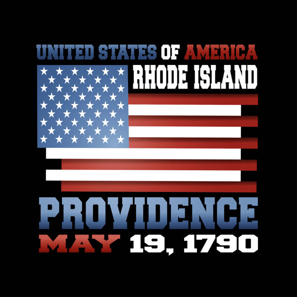 US-Flagge mit Inschrift Vereinigte Staaten von Amerika, Rhode Island, Vorsehung, 19. Mai 1790 auf schwarzem Hintergrund.  - Vektor, Bild