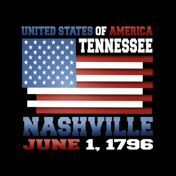 Nas flaga z napisem Stany Zjednoczone, Tennessee, Nashville, zm. 1 czerwca 1796 na czarnym tle.  - Wektor, obraz