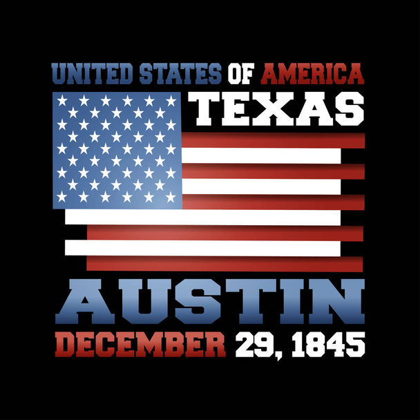 Nas flaga z napisem Stany Zjednoczone, Texas, Austin, zm. 29 grudnia 1845 na czarnym tle.  - Wektor, obraz