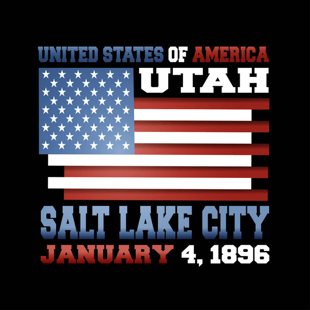 Drapeau américain avec inscription États-Unis d'Amérique, Utah, Salt Lake City, 4 janvier 1896 sur fond noir
.  - Vecteur, image