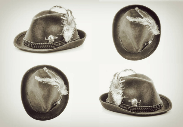 Tyrolean hattu eristetty valkoisella pohjalla. Vintage kiinteytys
 - Valokuva, kuva