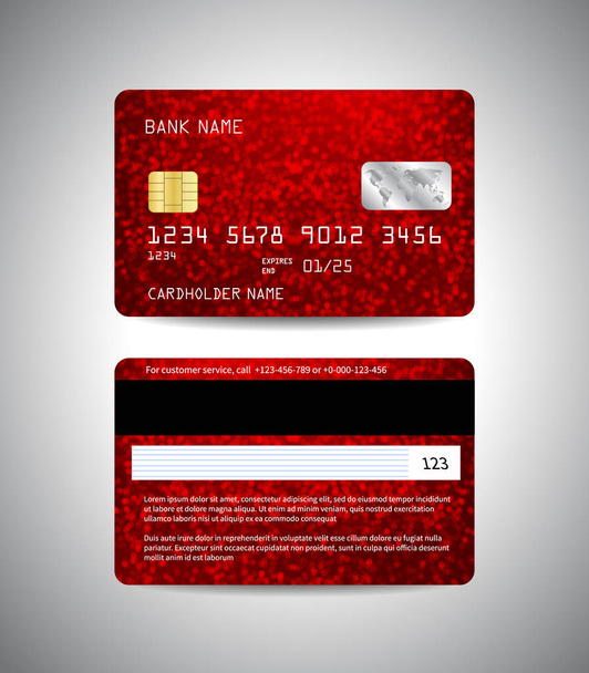 Vector gedetailleerde creditcards set met kleurrijke glanzende rode abstracte achtergrond met schittert. Voor-en achterzijde sjabloon. Geld, betaling symbool. Kerstmis en Nieuwjaar design. Vector illustratie - Vector, afbeelding