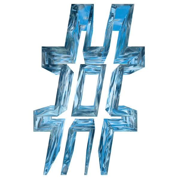 Koncepcyjne ozdobny kryształ niebieski zamrożone płynne octothorpe symbolu, font sezon zimowy  - Zdjęcie, obraz