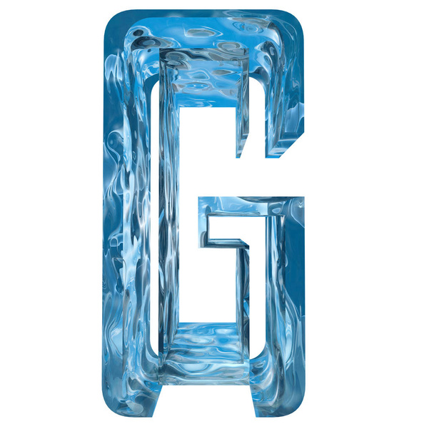 Koncepcyjne ozdobny kryształ niebieski zamrożone płynne literę g, font sezon zimowy  - Zdjęcie, obraz