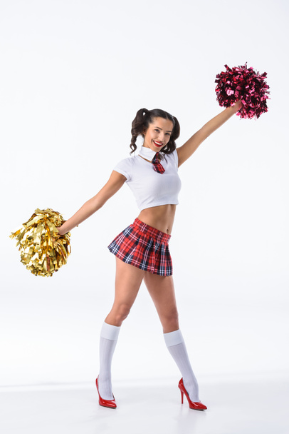 attraente giovane studentessa con cheerleader pompon isolato su bianco
 - Foto, immagini