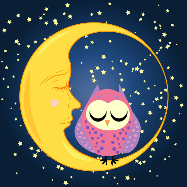 cute cartoon sleeping owl in circles with closed eyes sits on a drowsy crescent among the stars - Vektor, kép