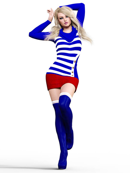 3D beautiful blonde in short dress and long boots. Bright makeup. Woman studio photography. High heel. Conceptual fashion art. Seductive candid pose. Realistic render illustration. Isolate. - Foto, Imagem
