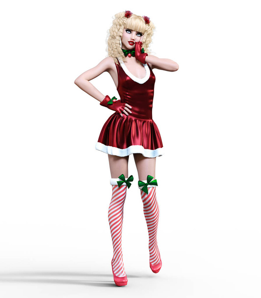 Young beautiful Santa girl with doll face. Short festive dress fur, stockings, shoes. Long blonde hair. Bright make up. Conceptual fashion art. Realistic 3D render illustration. Christmas, New Year. - Fotó, kép