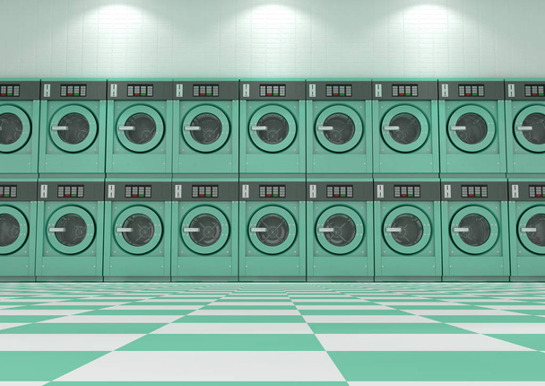 Настенная стопка бирюзовых промышленных стиральных машин
 - Фото, изображение