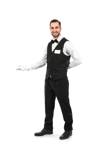 Handsome waiter on white  - Foto, Bild