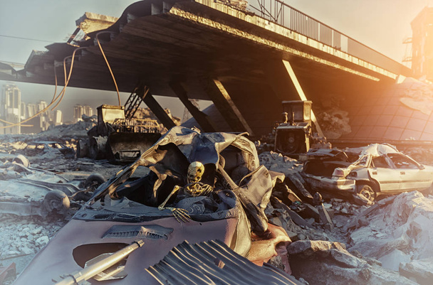 Skelett im Auto, Ruinen der Stadtautobahn. apokalyptisches Stadtbild, 3D-Illustrationskonzept - Foto, Bild