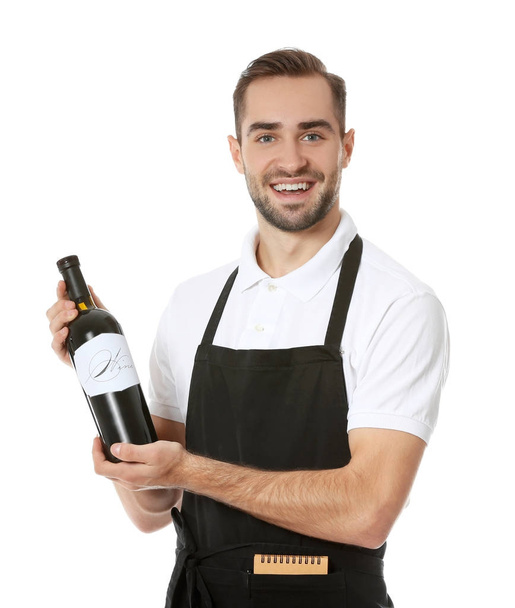 Handsome waiter with bottle of wine - Фото, изображение