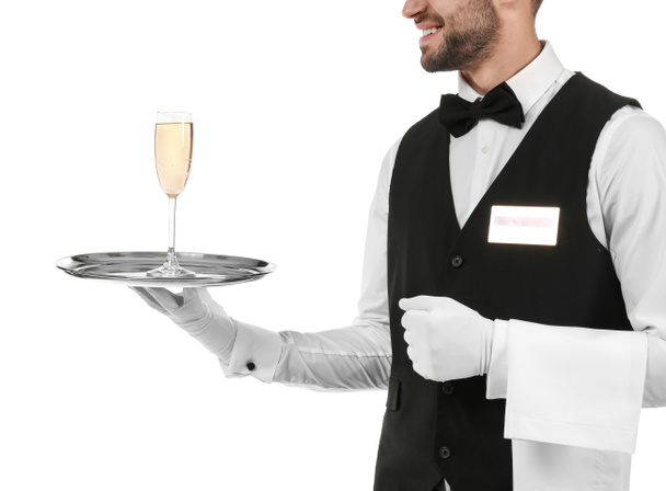 Tarjoilija pitää metallia tarjotin lasi samppanjaa
  - Valokuva, kuva
