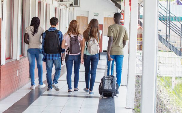 Vista trasera de adolescentes grupo caminando yendo a la escuela
 - Foto, imagen