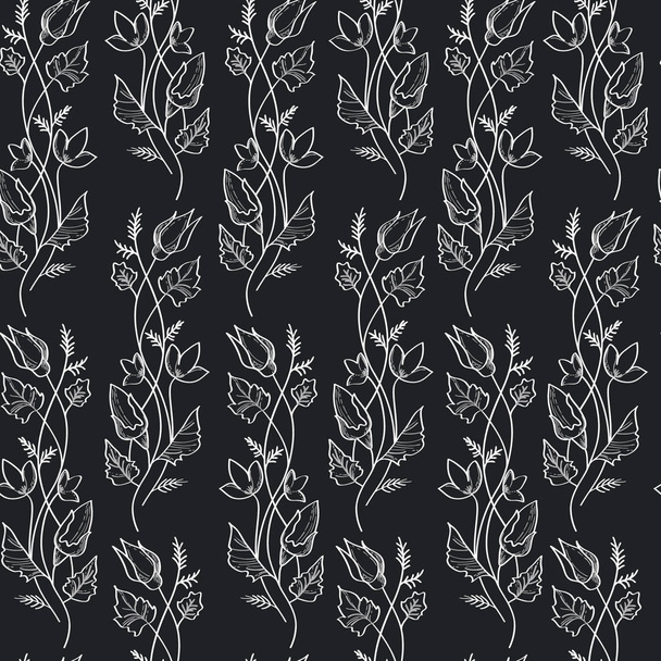 Vector illustration of flowers contour seamless pattern on black background - Wektor, obraz
