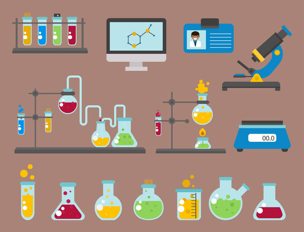 Laboratuvar sembolleri tıbbi laboratuar bilimsel biyoloji biyoteknoloji bilim kimya simgeler illüstrasyon vektör tasarım test. - Vektör, Görsel