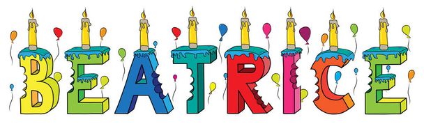 Беатріс жіноче ім'я вкусила барвисті 3d написи день народження торт зі свічками і повітряні кулі - Вектор, зображення